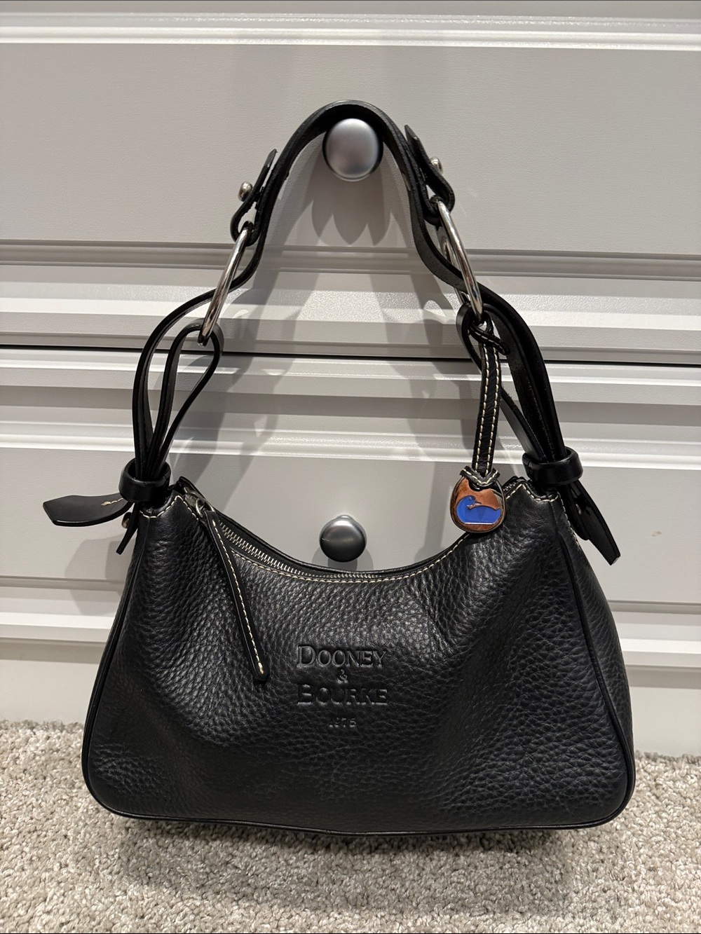 Dooney & Bourke Black Pebbled Leather Hobo Shoulder Bag with Charm